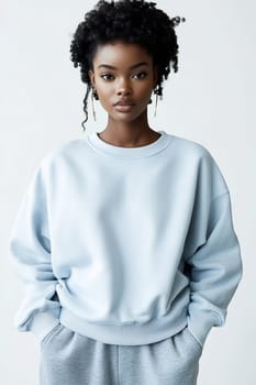 A woman with natural curly hair poses confidently in a light blue oversized sweatshirt, showcasing a neutral background and relaxed vibes.