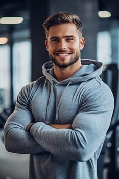 A young man with a muscular build stands confidently in a gym, wearing a gray hoodie and smiling, showcasing a positive fitness vibe.