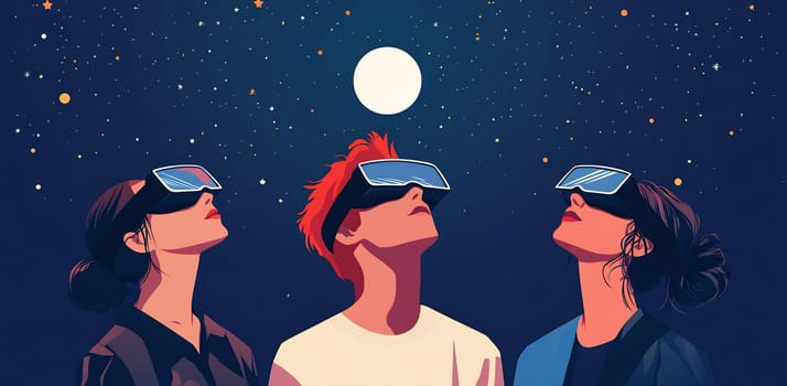 Three individuals with VR goggles gaze up at a starry sky, enjoying an immersive experience under the night sky.