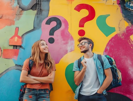 Two young adults enjoy a playful moment in front of a colorful mural featuring question marks in an urban setting.