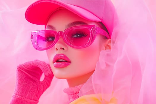 A model showcases a bold pink outfit with matching accessories, posing confidently against a soft pink background.