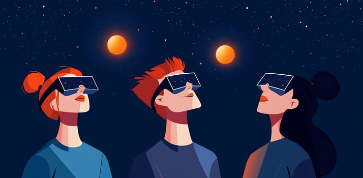 Three individuals gaze upward at two bright celestial bodies in a starry night sky while wearing special glasses for protection.