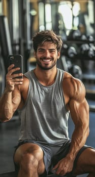A man smiles while taking a selfie in a gym, showcasing his muscular physique and enjoying his workout session.