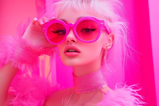 A fashion model poses confidently with large pink sunglasses in a bright pink environment, showcasing modern styling and bold colors.