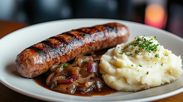 Traditional Polish dish, potatoes with baked kielbasa and onion sauce. AI generative.