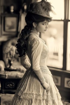 elegant woman from the Victorian era standing in a richly decorated parlor. AI generative.