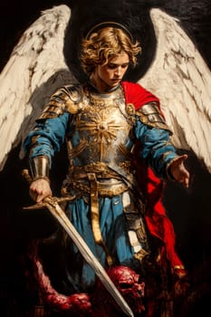 Archangel Michael in blue and red colors, with a sword drawn over a demon lying on a black background. AI generative.