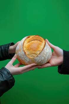 passing a loaf of bread from one hand to another, symbolizing sharing and human ties. AI generative.