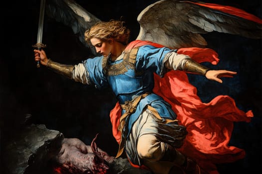Archangel Michael in blue and red colors, with a sword drawn over a demon lying on a black background. AI generative.