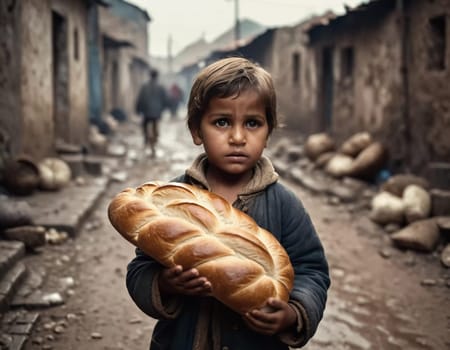 A young child stands in a gloomy alley, holding a loaf of bread. The background shows rundown houses and other children, highlighting the harsh conditions of life in the slums. Generative AI.
