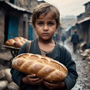 A young child stands in a gloomy alley, holding a loaf of bread. The background shows rundown houses and other children, highlighting the harsh conditions of life in the slums. Generative AI.