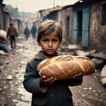 A young child stands in a gloomy alley, holding a loaf of bread. The background shows rundown houses and other children, highlighting the harsh conditions of life in the slums. Generative AI.
