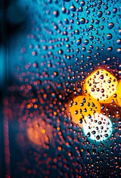 Raindrops cling to window glass, forming intricate patterns as they reflect soft lights from the sunset. The warm colors blend, creating a serene atmosphere during a rainy evening. Generative AI.