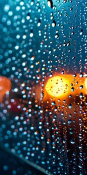 Raindrops cling to window glass, forming intricate patterns as they reflect soft lights from the sunset. The warm colors blend, creating a serene atmosphere during a rainy evening. Generative AI.