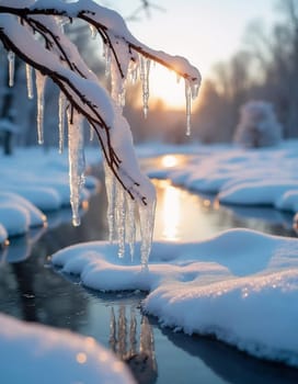 Sunlight breaks through the trees at dawn, reflecting off a tranquil river dotted with melting ice. Icicles hang nearby, creating a peaceful and warm spring atmosphere. Generative AI.