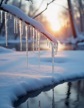 Sunlight breaks through the trees at dawn, reflecting off a tranquil river dotted with melting ice. Icicles hang nearby, creating a peaceful and warm spring atmosphere. Generative AI.
