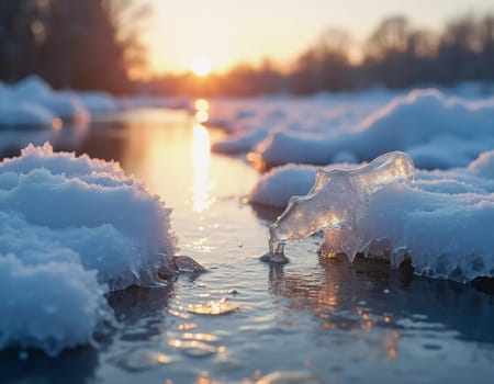 Sunlight breaks through the trees at dawn, reflecting off a tranquil river dotted with melting ice. Icicles hang nearby, creating a peaceful and warm spring atmosphere. Generative AI.