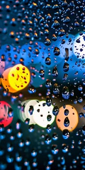 Raindrops cling to window glass, forming intricate patterns as they reflect soft lights from the sunset. The warm colors blend, creating a serene atmosphere during a rainy evening. Generative AI.