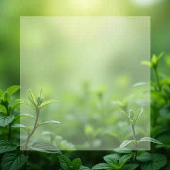 Lush mint plants create a fresh environment with a translucent backdrop emphasizing the vibrant greenery. The soft bokeh adds a dreamy touch to this tranquil setting. Background for tea packaging. AI.