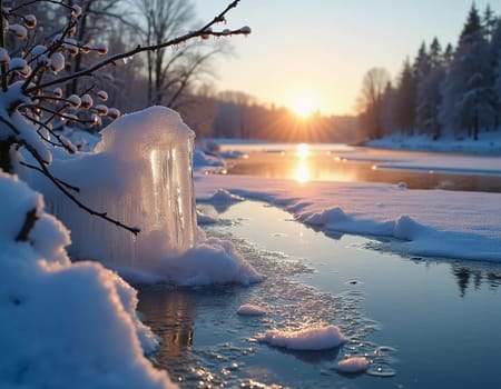 Sunlight breaks through the trees at dawn, reflecting off a tranquil river dotted with melting ice. Icicles hang nearby, creating a peaceful and warm spring atmosphere. Generative AI.
