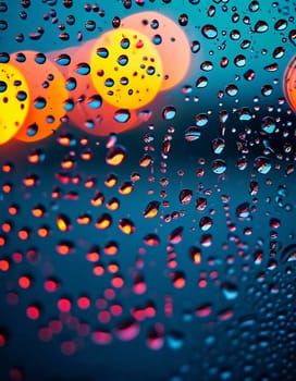 Raindrops cling to window glass, forming intricate patterns as they reflect soft lights from the sunset. The warm colors blend, creating a serene atmosphere during a rainy evening. Generative AI.