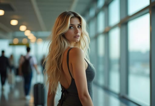 A stylish blond woman stands at the airport holding a suitcase and looking back with a confident expression. Travelers bustle around her as she waits, dressed casually in fitted outfit. Generative AI.