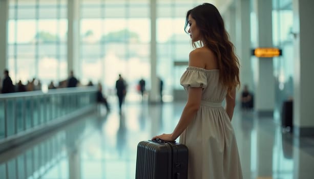 A stylish brunette woman stands at airport, holding a suitcase and looking back with a confident expression. Travelers bustle around her as she waits, dressed casually in fitted outfit. Generative AI.