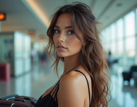 A stylish brunette woman stands at airport, holding a suitcase and looking back with a confident expression. Travelers bustle around her as she waits, dressed casually in fitted outfit. Generative AI.