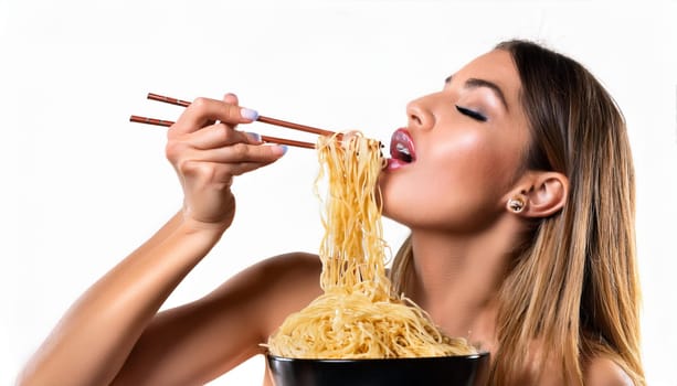 pretty young woman eating noodles, AI generated image