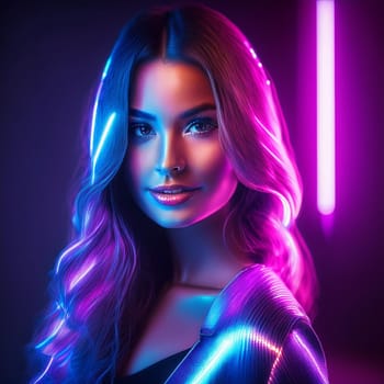 pretty young woman in glimmering neon lights, AI generated image