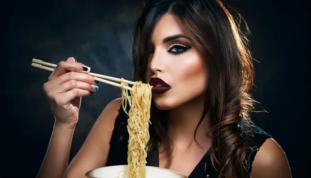 pretty young woman eating noodles, AI generated image