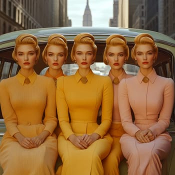 Photographs of women styled in the 1940s-50s taken on the streets of American cities. AI generative.