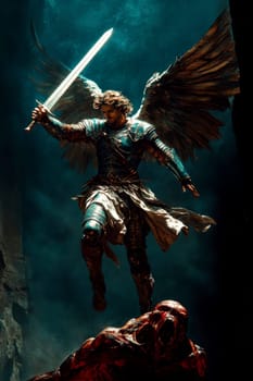 Archangel Michael in blue and red colors, with a sword drawn over a demon lying on a black background. AI generative.