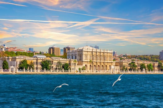 Dolmabahce Palace in the Bosphorus, sunset view, Istanbul, Turkey.