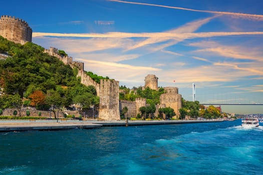 Roumeli Hissar Castle near Fatih Sultan Mehmet Bridge on the Bosphorus Straight, Istanbul, Turkey.