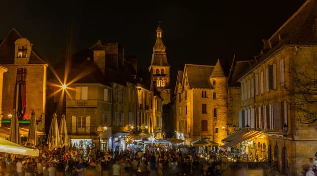 Sarlat-la-Caneda, France - August 19, 2024: Night in Sarlat la Caneda a beautiful medieval town and one of the highlights to a visit to the Dordogne Perigord