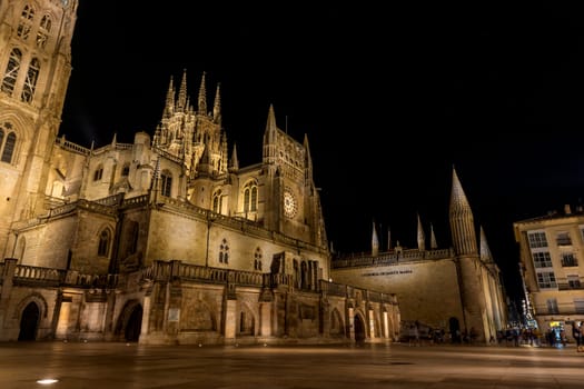 Burgos, Spain: August 22, 2024: Night scene of Monasterio de las Huelgas in Burgos. Abbey of Santa Maria la Real de Las Huelgas, Castile and Leon, Spain