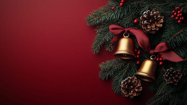 A close-up view of two golden bells adorned with a brown ribbon bow, hanging amidst lush green pine branches. Set against a vibrant red background, this festive composition exudes warmth, tradition, and the joyful spirit of the holiday season.