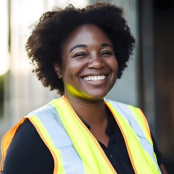 Happy black smiling woman safety vest construction worker portrait