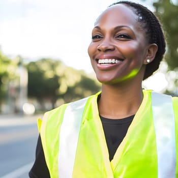 Happy black smiling woman safety vest construction worker portrait