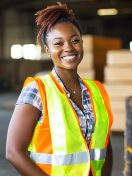 Happy black smiling woman safety vest construction worker portrait