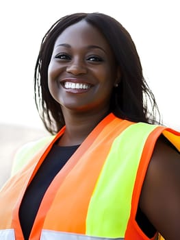 Happy black smiling woman safety vest construction worker portrait