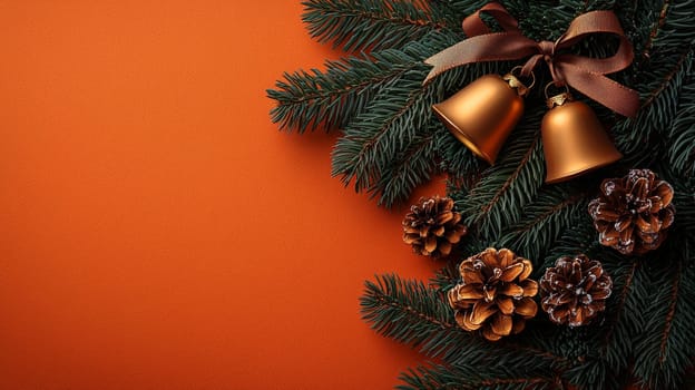 A festive close-up of two golden bells tied with a brown ribbon bow, gracefully hanging on lush pine branches. Set against a vibrant orange background, the image radiates warmth and holiday cheer, blending traditional elements with a modern, colorful twist.