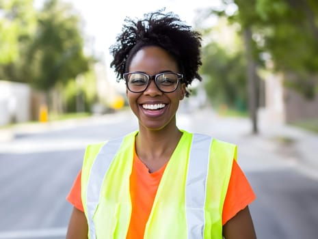 Happy black smiling woman safety vest construction worker portrait