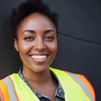 Happy black smiling woman safety vest construction worker portrait