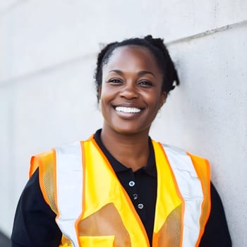 Happy black smiling woman safety vest construction worker portrait