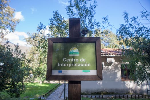 Cabezuela, Spain - Nov 3rd, 2024:  Natural Reserve Garganta de los Infiernos visitors centre sign pole. Caceres, Extremadura, Spain