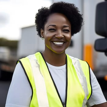 Happy black smiling woman safety vest construction worker portrait