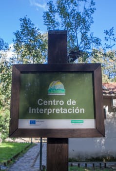 Cabezuela, Spain - Nov 3rd, 2024:  Natural Reserve Garganta de los Infiernos visitors centre sign pole. Caceres, Extremadura, Spain