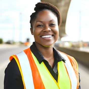 Happy black smiling woman safety vest construction worker portrait